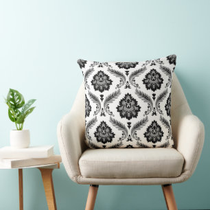 Rococo-Damask-Muster Grau Schwarz Weiß Kissen