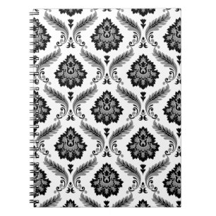 Rococo-Damask-Muster Grau Schwarz Weiß Notizblock