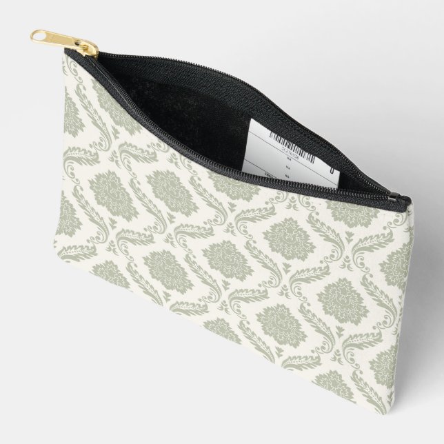 Rococo-Damask-Muster Grün auf Creme Zubehörtasche (Offen)