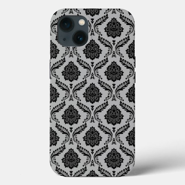 Rococo-Damask-Muster Schwarz auf Grau Case-Mate iPhone Hülle (Rückseite)
