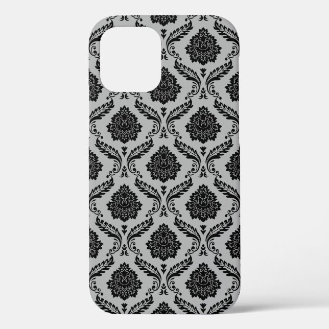 Rococo-Damask-Muster Schwarz auf Grau Case-Mate iPhone Hülle (Rückseite)