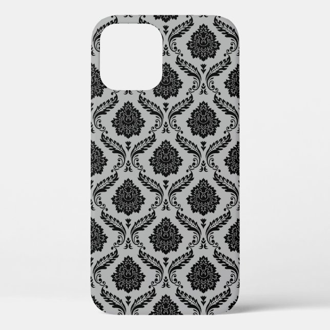 Rococo-Damask-Muster Schwarz auf Grau Case-Mate iPhone Hülle (Rückseite)