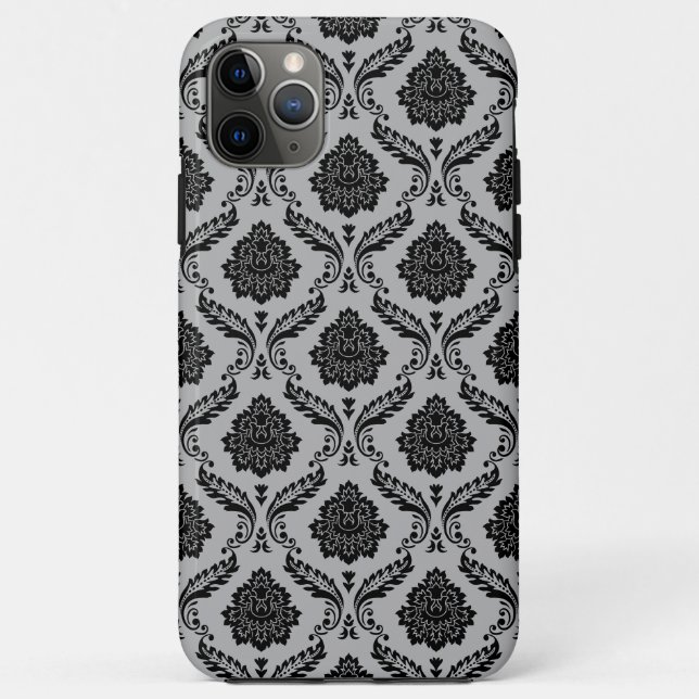Rococo-Damask-Muster Schwarz auf Grau Case-Mate iPhone Hülle (Rückseite)