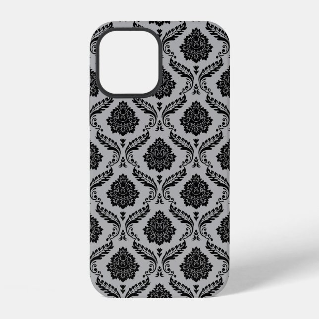 Rococo-Damask-Muster Schwarz auf Grau iPhone 12 Hülle (Rückseite)