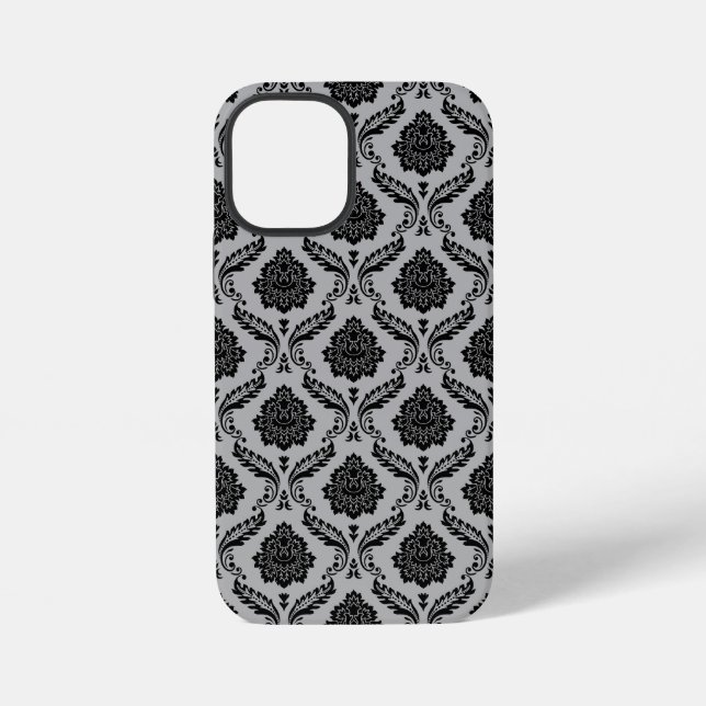 Rococo-Damask-Muster Schwarz auf Grau iPhone 12 Mini Hülle (Rückseite)