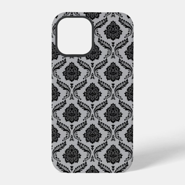 Rococo-Damask-Muster Schwarz auf Grau iPhone 12 Pro Hülle (Rückseite)