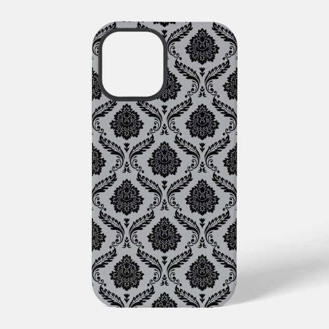 Rococo-Damask-Muster Schwarz auf Grau iPhone 12 Pro Hülle (Rückseite)