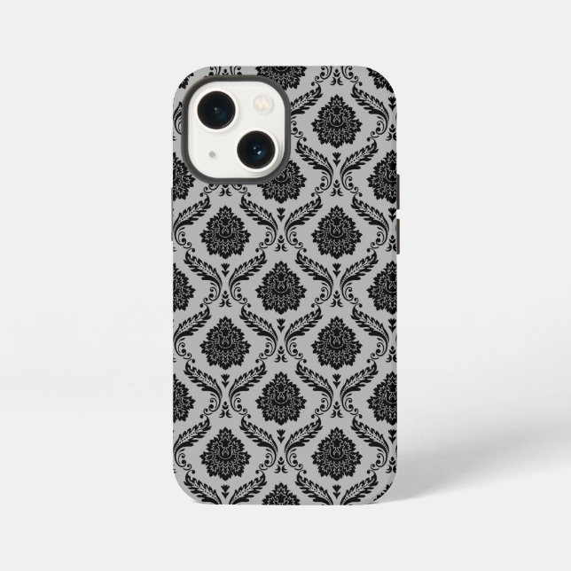 Rococo-Damask-Muster Schwarz auf Grau iPhone 13 Mini Hülle (Rückseite)