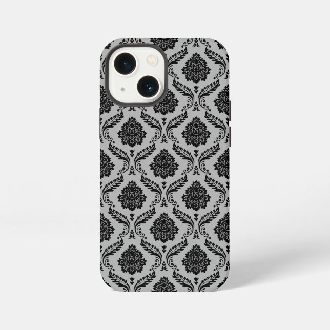 Rococo-Damask-Muster Schwarz auf Grau iPhone 13 Mini Hülle (Rückseite)