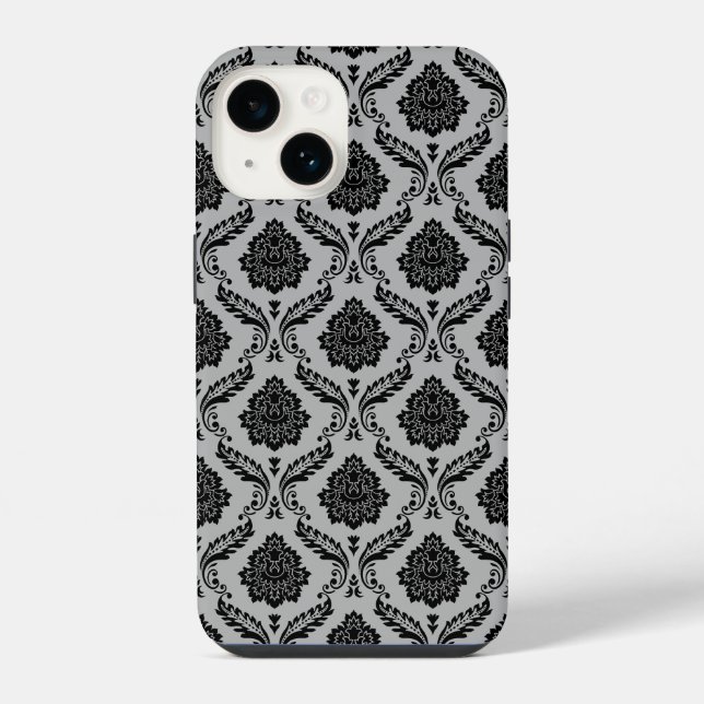 Rococo-Damask-Muster Schwarz auf Grau iPhone 14 Hülle (Rückseite)