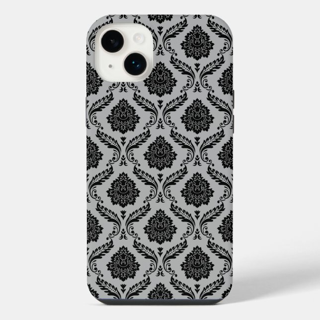 Rococo-Damask-Muster Schwarz auf Grau iPhone 14 Plus Hülle (Rückseite)