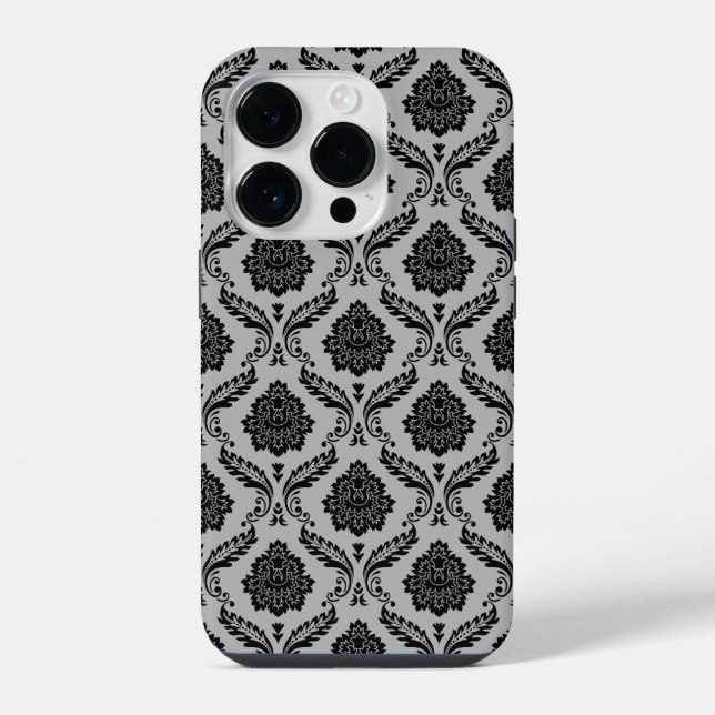 Rococo-Damask-Muster Schwarz auf Grau iPhone 14 Pro Hülle (Rückseite)