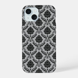 Rococo-Damask-Muster Schwarz auf Grau iPhone 15 Hülle