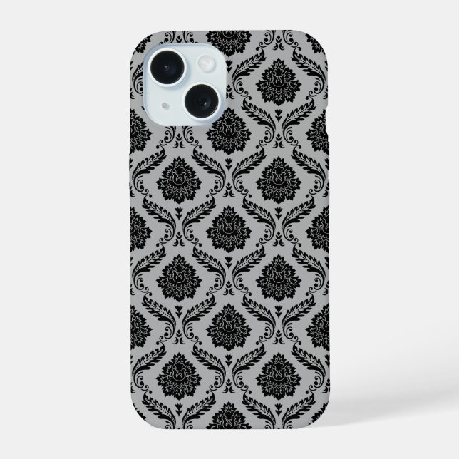 Rococo-Damask-Muster Schwarz auf Grau iPhone 15 Hülle (Rückseite)