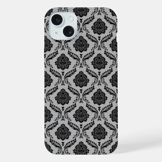 Rococo-Damask-Muster Schwarz auf Grau iPhone 15 Plus Hülle (Rückseite)
