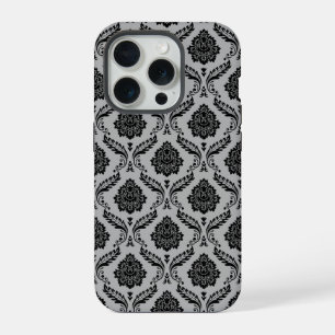 Rococo-Damask-Muster Schwarz auf Grau iPhone 15 Pro Hülle