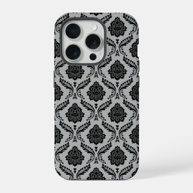 Rococo-Damask-Muster Schwarz auf Grau iPhone 15 Pro Hülle (Rückseite)