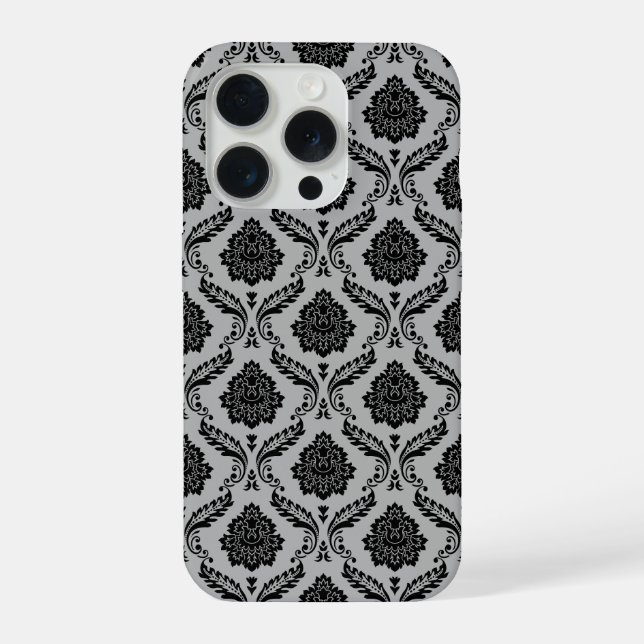 Rococo-Damask-Muster Schwarz auf Grau iPhone 15 Pro Hülle (Rückseite)