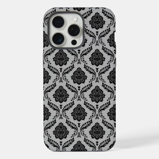 Rococo-Damask-Muster Schwarz auf Grau iPhone 15 Pro Max Hülle (Rückseite)
