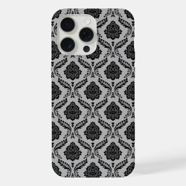 Rococo-Damask-Muster Schwarz auf Grau iPhone 15 Pro Max Hülle (Rückseite)