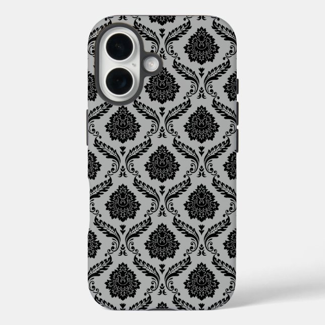 Rococo-Damask-Muster Schwarz auf Grau iPhone 16 Hülle (Rückseite)