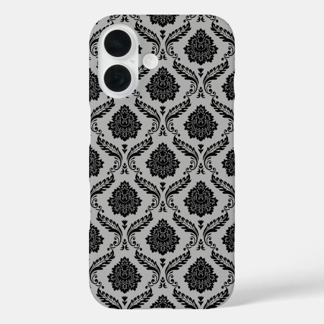 Rococo-Damask-Muster Schwarz auf Grau iPhone 16 Hülle (Rückseite)