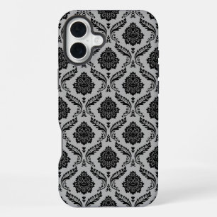 Rococo-Damask-Muster Schwarz auf Grau iPhone 16 Plus Hülle