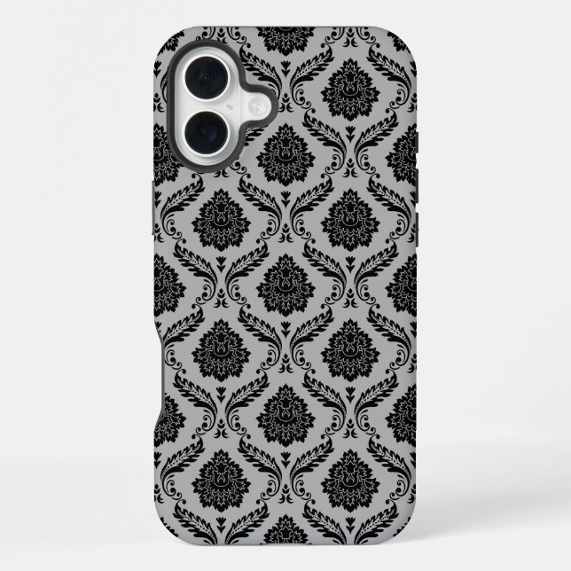 Rococo-Damask-Muster Schwarz auf Grau iPhone 16 Plus Hülle (Rückseite)
