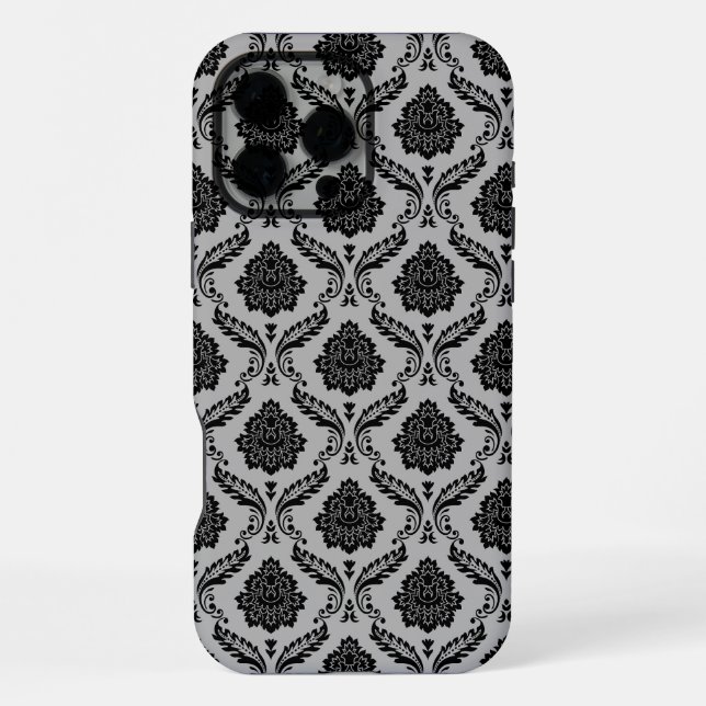 Rococo-Damask-Muster Schwarz auf Grau iPhone 16 Pro Max Hülle (Rückseite)