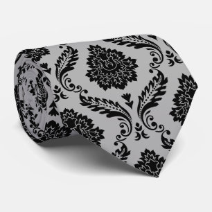 Rococo-Damask-Muster Schwarz auf Grau Krawatte