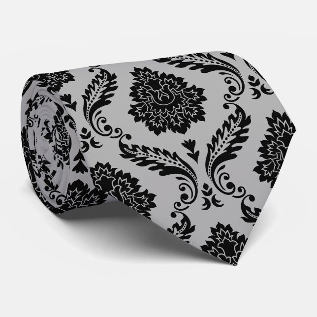 Rococo-Damask-Muster Schwarz auf Grau Krawatte (Gerollt)