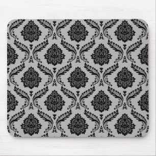 Rococo-Damask-Muster Schwarz auf Grau Mousepad