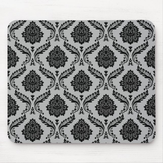 Rococo-Damask-Muster Schwarz auf Grau Mousepad (Vorne)