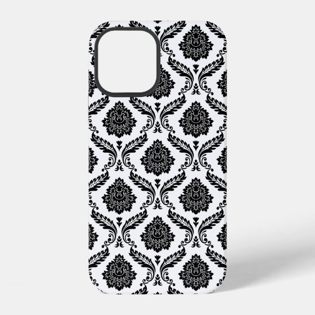 Rococo-Damask-Muster Schwarz auf Weiß iPhone 12 Hülle (Rückseite)