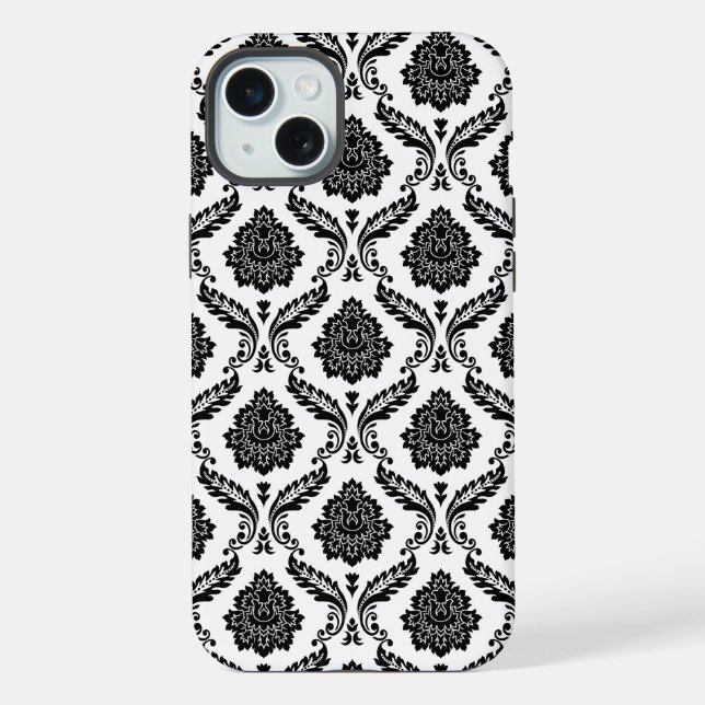 Rococo-Damask-Muster Schwarz auf Weiß iPhone 15 Plus Hülle (Rückseite)