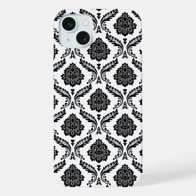 Rococo-Damask-Muster Schwarz auf Weiß iPhone 15 Plus Hülle (Rückseite)