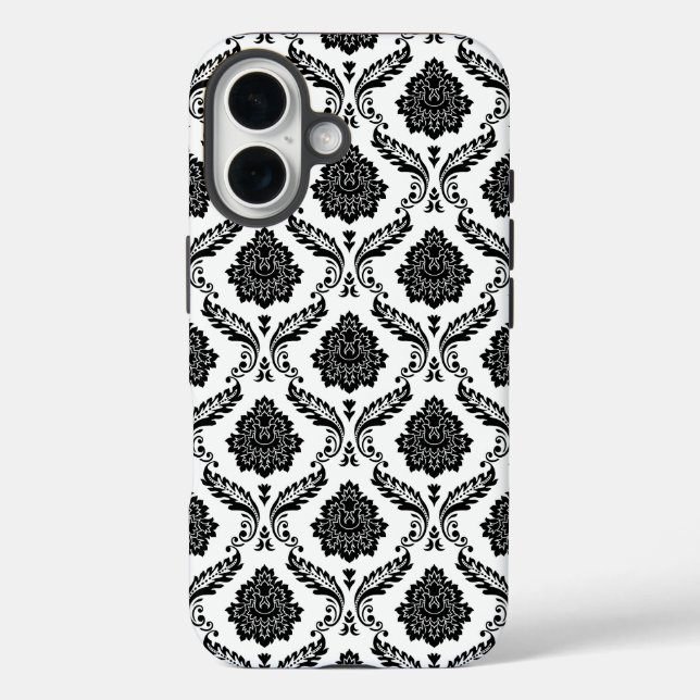 Rococo-Damask-Muster Schwarz auf Weiß iPhone 16 Hülle (Rückseite)