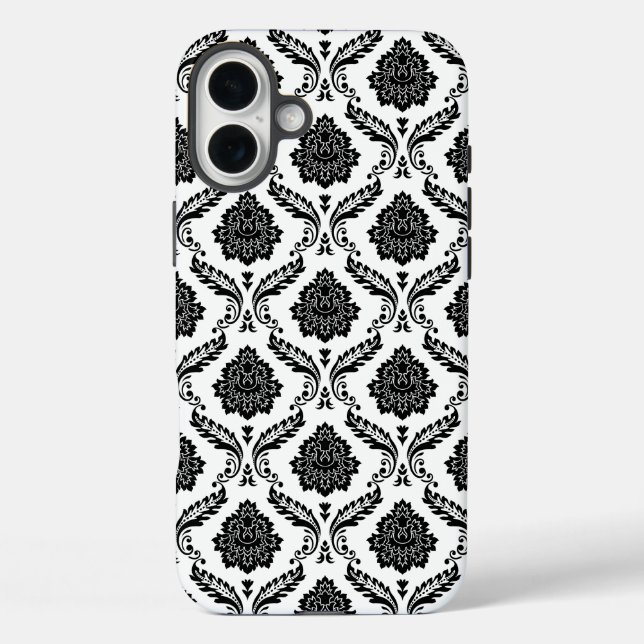 Rococo-Damask-Muster Schwarz auf Weiß iPhone 16 Plus Hülle (Rückseite)
