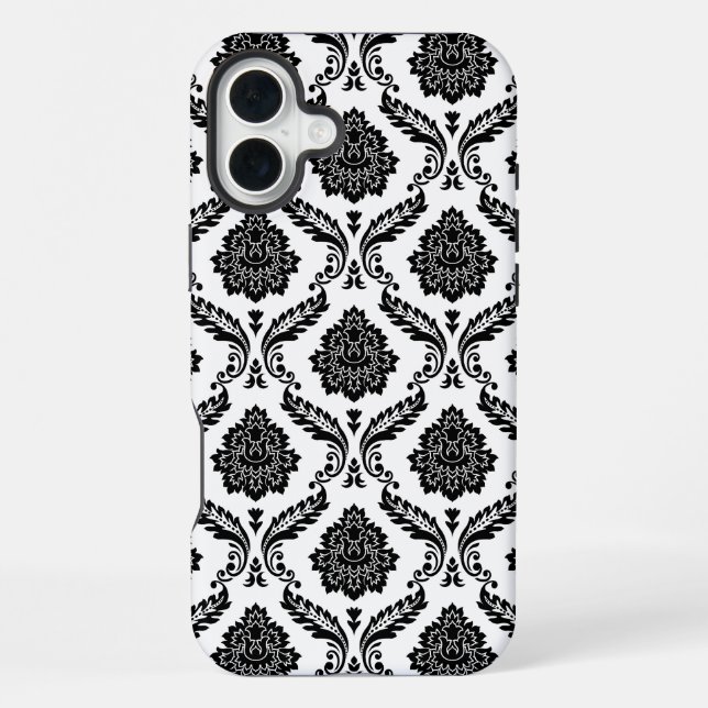Rococo-Damask-Muster Schwarz auf Weiß iPhone 16 Plus Hülle (Rückseite)