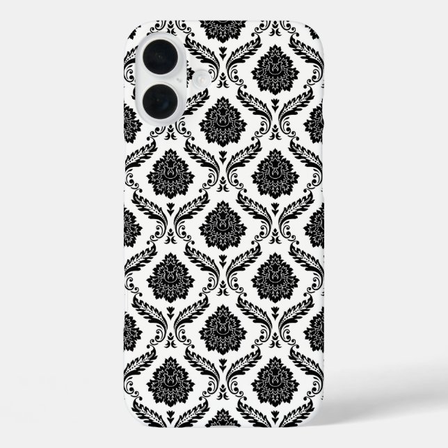 Rococo-Damask-Muster Schwarz auf Weiß iPhone 16 Plus Hülle (Rückseite)