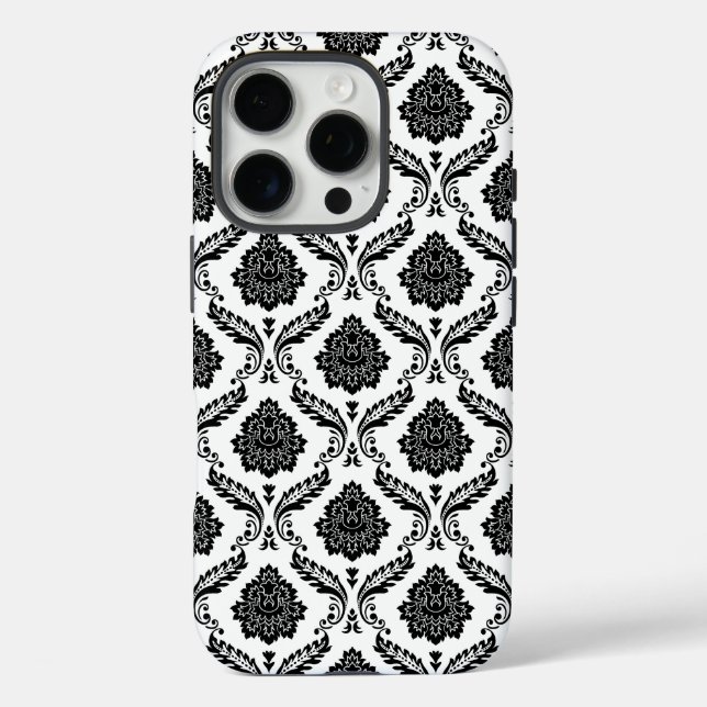 Rococo-Damask-Muster Schwarz auf Weiß iPhone 16 Pro Hülle (Rückseite)