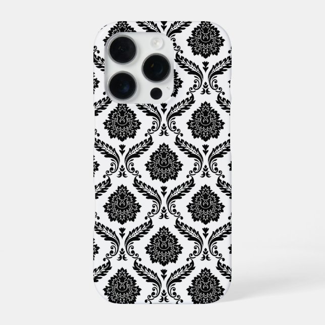Rococo-Damask-Muster Schwarz auf Weiß iPhone 16 Pro Hülle (Rückseite)