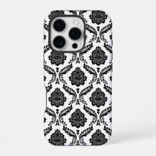 Rococo-Damask-Muster Schwarz auf Weiß iPhone 16 Pro Hülle