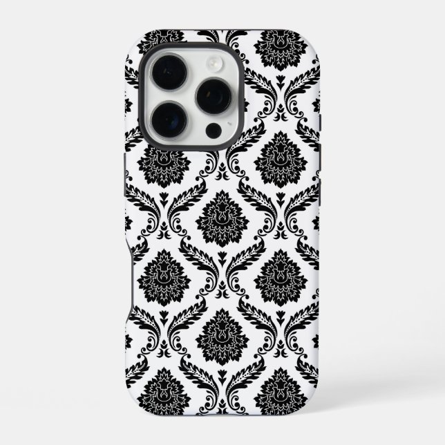 Rococo-Damask-Muster Schwarz auf Weiß iPhone 16 Pro Hülle (Rückseite)