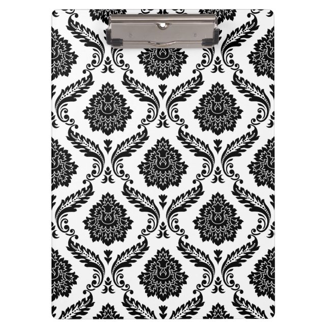 Rococo-Damask-Muster Schwarz auf Weiß Klemmbrett (Vorderseite)