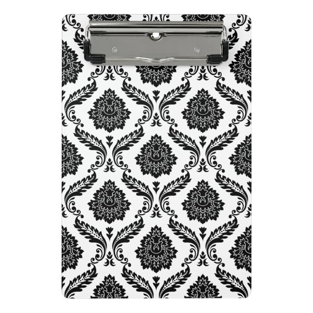 Rococo-Damask-Muster Schwarz auf Weiß Mini Klemmbrett (Vorderseite)
