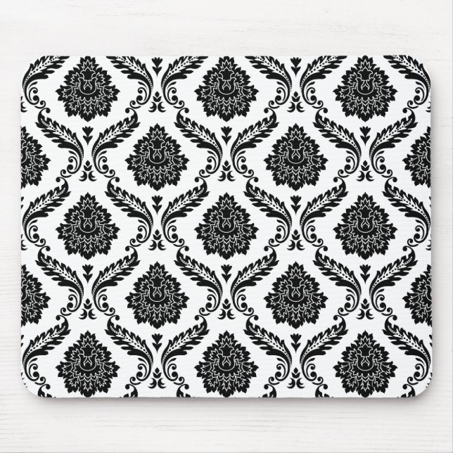 Rococo-Damask-Muster Schwarz auf Weiß Mousepad (Vorne)