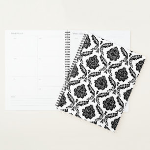 Rococo-Damask-Muster Schwarz auf Weiß Planer