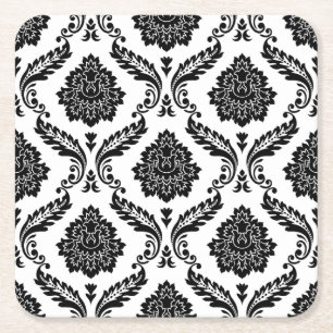 Rococo-Damask-Muster Schwarz auf Weiß Rechteckiger Pappuntersetzer