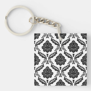 Rococo-Damask-Muster Schwarz auf Weiß Schlüsselanhänger